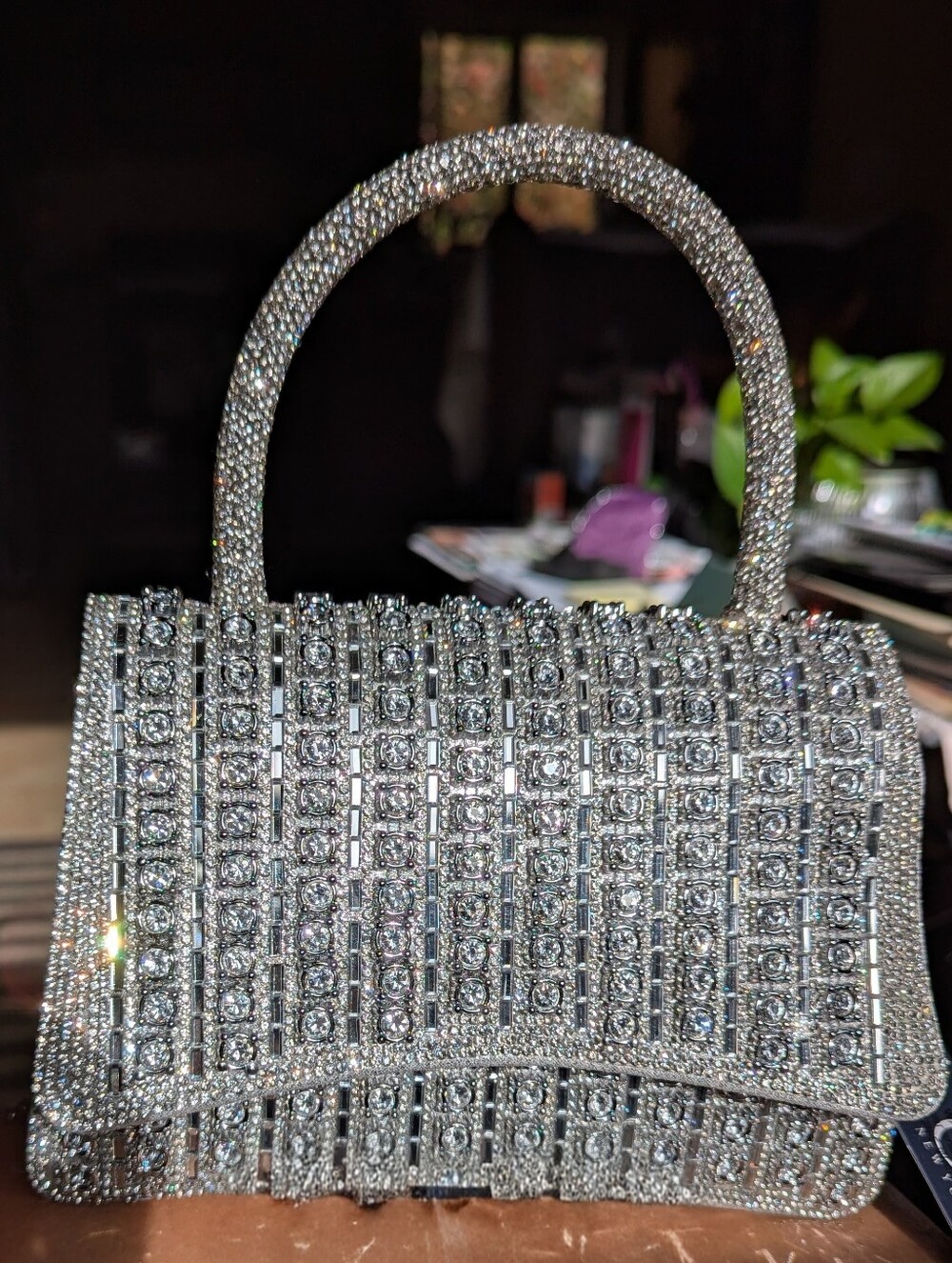 Brand New Crystal Embellished Silver & Rhinestone Handle Bag Hands Free Glamour